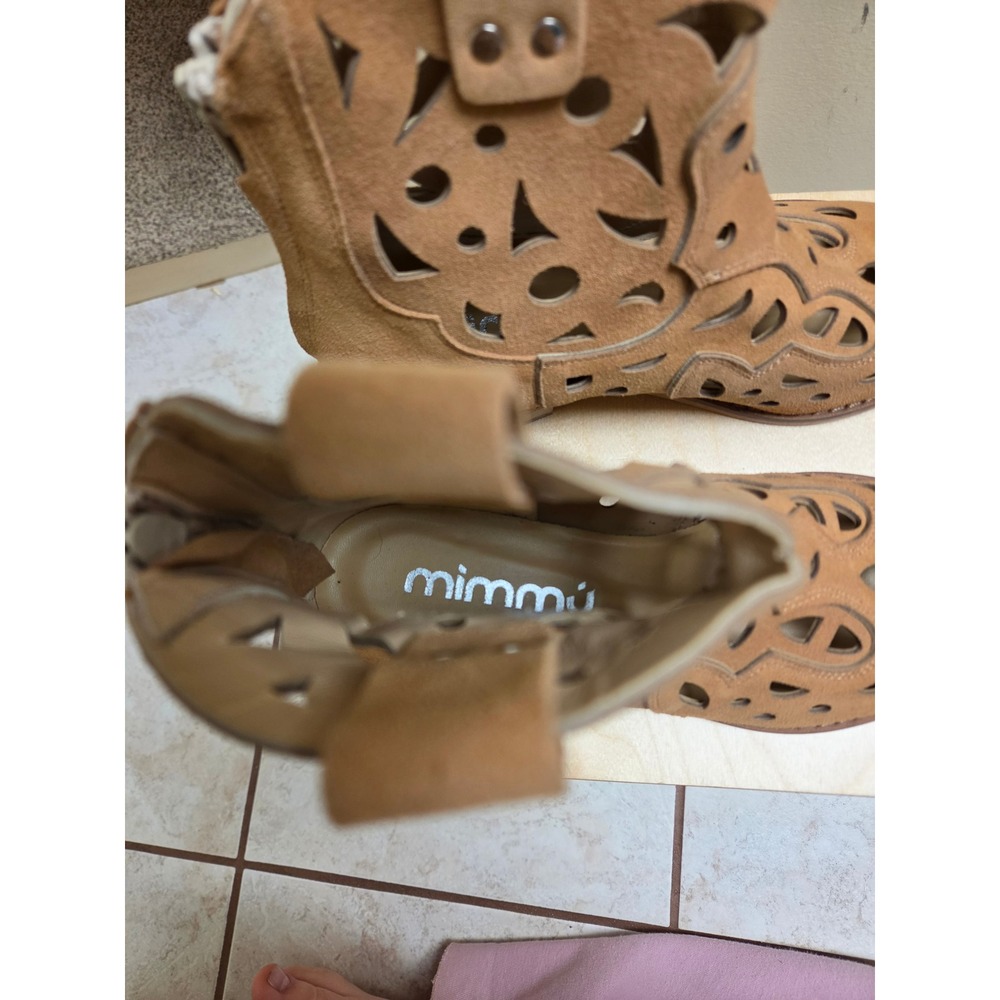 Mimmu Italy Suede Laser Cut Out Western Ankle Boots Tan Leather Size 38 - Picture 3 of 6